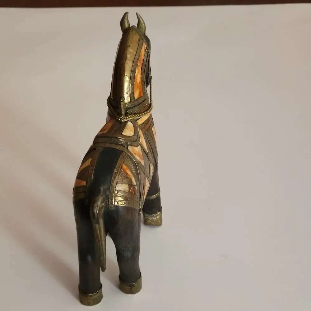 Vintage Carved Wood with Hammered Brass & Stone Inlay Armored War Horse Figure